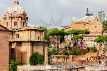 Rome, Italy. Ancient ruins of the Forum and the monument to Victor Emmanuel II