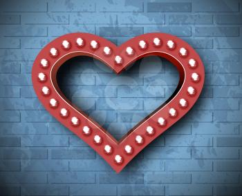 Vector marquee heart symbol on brick wall background. Background for congratulations on Valentine's Day