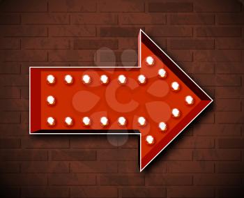 Vector marquee arrow symbol with glowing light bulbs on brick wall background