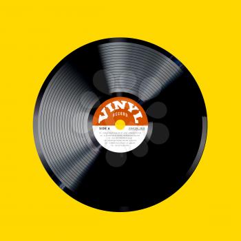 Vinyl record vector illustration. Photorealistic disc design on a yellow background