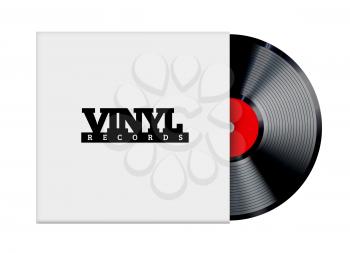 Vinyl record vector illustration. Photorealistic disc design on a white background with a cardboard box