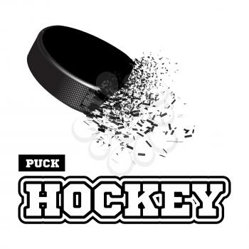Exploding hockey puck with flying particles on a white background. Vector illustration