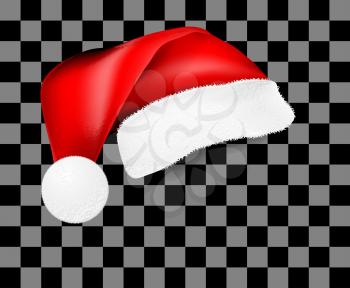 Realistic Santa Claus hat with shadow, pattern. Vector illustration on checkered transparency background