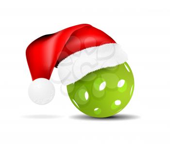 Green pickleball vector illustration with santa hat isolated on white background
