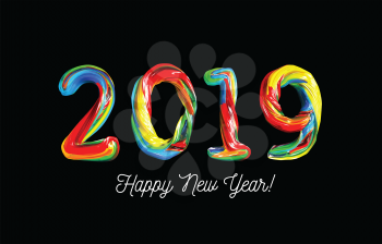 Colorful 3d text 2019. Congratulations on the new year 2019. Vector illustration on black background