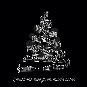 Christmas tree from music notes. Vector illustration on black background