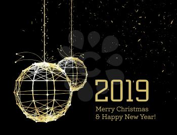 New Year's Christmas balls, on luminous golden ribbons, in the style of art deco. Geometric golden spheres, in the form of points connected by lines. Gold on dark style. Vector illustration