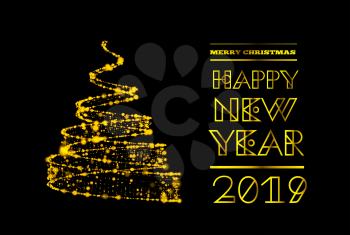 Golden geometric christmas tree from lights in spiral ribbon form. Vector illustration. Congratulations with Happy new year 2019