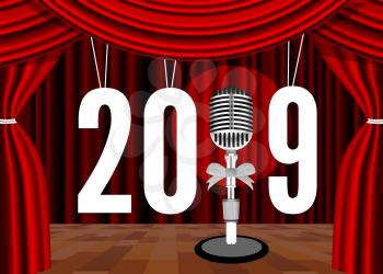 Happy New Year 2019 on the background of the stage with a microphone. Vector illustration