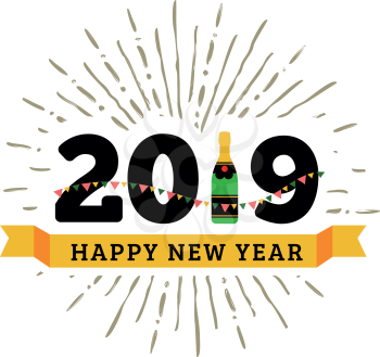 Congratulations to the happy new 2019 year with a bottle of champagne, flags. Vector flat illustration with sunburst