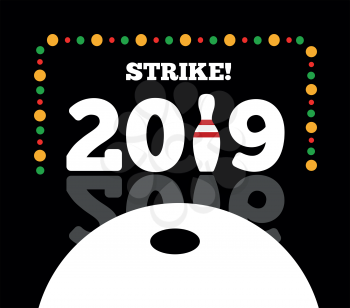 Congratulations to the happy new 2019 year with a bowling and ball. Vector flat illustration