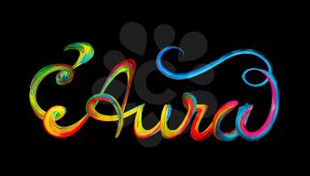 Aura colorful text, lettering design on black background