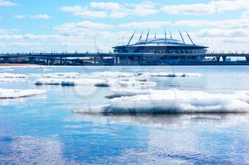SAINT-PETERSBURG, RUSSIA, APRIL 12, 2019: Zenit Arena , St. Petersburg , Krestovsky - football stadium on the background of the Gulf of Finland and the bridge