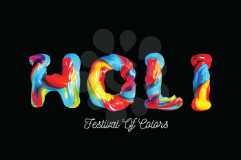 Colorful 3d text holi. Holiday of colors in India. Vector illustration on black background