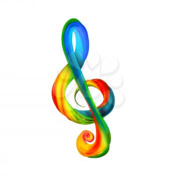 Colorful treble clef in the form of twisted paint on a white background. Vector illustration