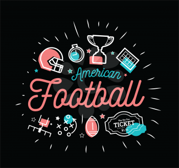American football. Vector illustration in the style of thin lines with flat icons in black and white on black background