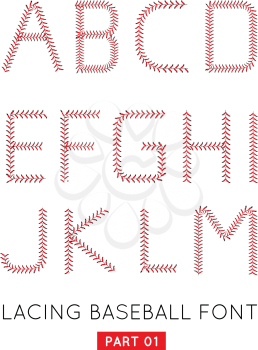Baseball font made from baseball ball lacing along the contours of the letters. Vector illustration isolated on white background. Part 01