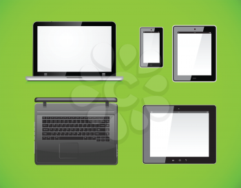 Laptop, tablet pc computer and mobile smartphone with a blank screen. Isolated on a green background. Vector illustration