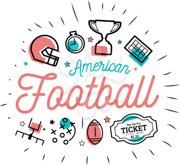 American football. Vector illustration in the style of thin lines with flat icons on white background