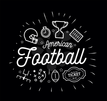 American football. Vector illustration in the style of thin lines with flat icons in black and white on black background