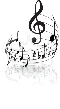 Wavy musical staff with notes on a white background. Vector illustration