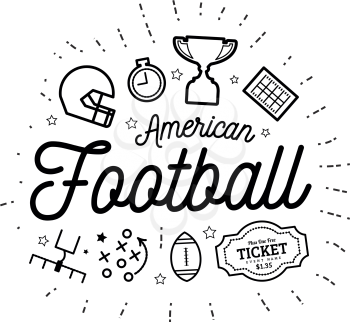 American football. Vector illustration in the style of thin lines with flat icons in black and white on white background