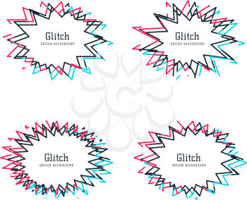 Glitch distortion frames. Set of starburst speech bubble which can be used as borders or outlies. Modern backgrounds for design, poster, banner, brochure, postcard. Vector illustration
