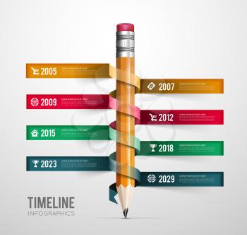Timeline infographic with pencil ribbon on light grey background. Vector illustraton