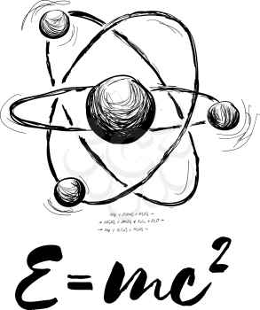 Atom drawn with formula. Vector abstract illustration on white background
