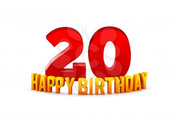 Congratulations on the 20th anniversary, happy birthday with rounded 3d text and shadow isolated on white background. Vector illustration