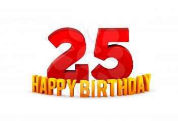 Congratulations on the 25th anniversary, happy birthday with rounded 3d text and shadow isolated on white background. Vector illustration