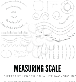Measuring rulers of different scale, length and shape. Straight and curved shape. Vector illustration on white background