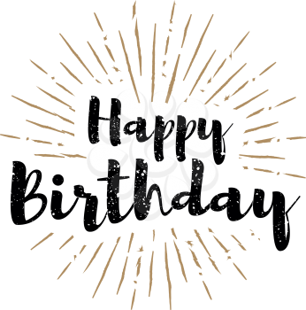 Happy birthday lettering with sunbursts background. Vector illustration