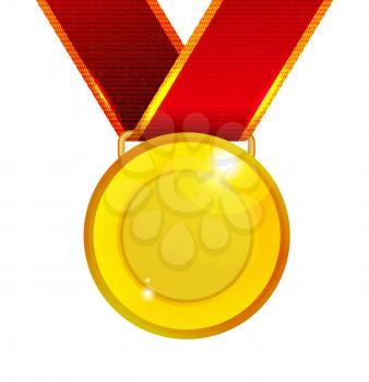 Golden medal with red ribbon. Vector illustration on white background