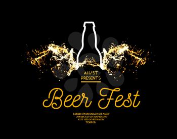 Beer fest. Splash of beer with bubbles on a black background. Vector illustration with a silhouette of a bottle and a splash in the form of wings