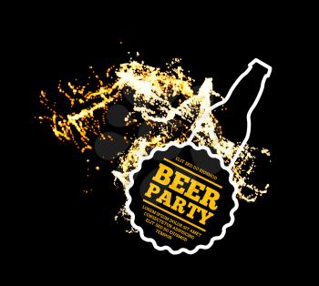 Beer party. Splash of beer with bubbles on a black background. Vector illustration with a silhouette of a bottle