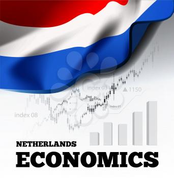 Netherlands economics vector illustration with holland flag and business chart, bar chart stock numbers bull market, uptrend line graph symbolizes the welfare growth