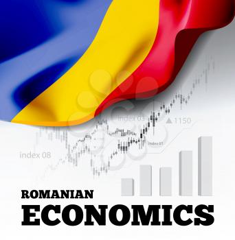 Romanian economics vector illustration with romania flag and business chart, bar chart stock numbers bull market, uptrend line graph symbolizes the welfare growth