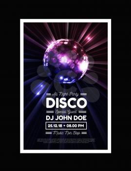 Disco party vector background with rays and disco ball. Vector illustration