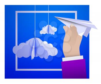 Male hand holding a paper plane against the sky with paper clouds in the style of origami. Vector illustration