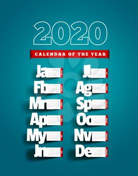 Paper cut calendar with shadow. Yearly 2020 vector calendar on blue background. Months, made in the style of notes with shadows