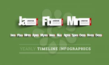 Monthly timeline infographics. Paper cut vector illustration on green background