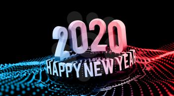 Congratulations on the New Year 2020 in technostyle. Rounded 3D text with HUD elements. Big data. Vector illustration on a black background.