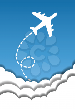 Flying airplane on a background of blue sky and cut out paper clouds in origami style. Vector illustration