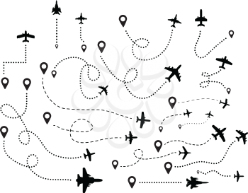 A series of flying airplanes and their flight paths from the departure point. Vector ilustration on white