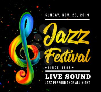 Jazz festival poster template with a treble clef and text on a black background. Vector illustration
