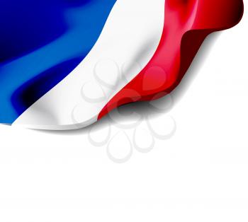 Waving flag of France close-up with shadow on white background. Vector illustration with copy space for your design