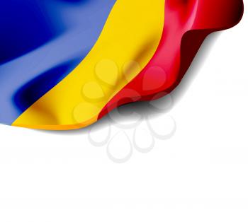 Waving flag of Romania close-up with shadow on white background. Vector illustration with copy space for your design