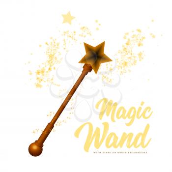 Wooden magic wand with stars on white background. Vector illustration