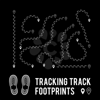 Tracking of human footprints to track walk paths. Silhouette from shoes. Vector illustration on white backhround